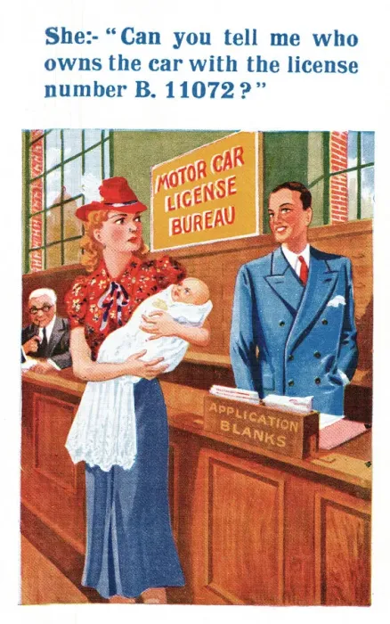 Framed Print : Comic postcard, Looking for the babys father - car licence number Framed Print : Comic postcard, Looking for the babys father - car licence number
