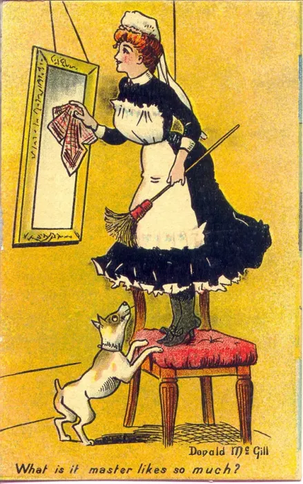Framed Print : Comic postcard, Maidservant and dog Date: 20th century Framed Print : Comic postcard, Maidservant and dog Date: 20th century