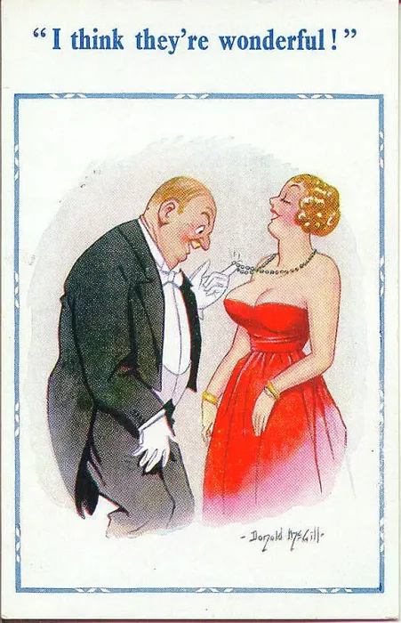 Framed Print : Comic postcard, Man admires woman's... necklace? Date: 20th century Framed Print : Comic postcard, Man admires woman's... necklace? Date: 20th century