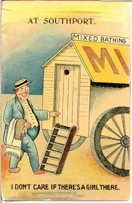 Framed Print : Comic postcard, Man approaches bathing hut - mixed bathing Date: 20th century Framed Print : Comic postcard, Man approaches bathing hut - mixed bathing Date: 20th century