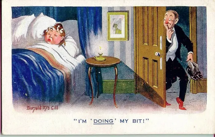 Framed Print : Comic postcard, Man arrives home very late - I'm doing my bit! Date: 1914-1918 Framed Print : Comic postcard, Man arrives home very late - I'm doing my bit! Date: 1914-1918