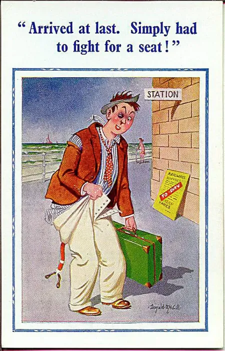 : Comic postcard, Man arrives at the seaside by train Date: 20th century : Comic postcard, Man arrives at the seaside by train Date: 20th century
