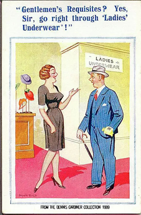 : Comic postcard, Man asks for directions in department store Date: 20th century : Comic postcard, Man asks for directions in department store Date: 20th century