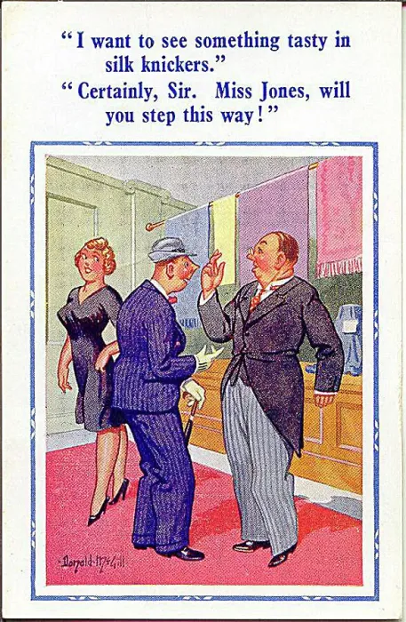 : Comic postcard, Man asks for help in department store Date: 20th century : Comic postcard, Man asks for help in department store Date: 20th century