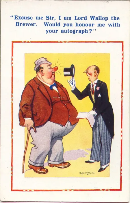 Framed Print : Comic postcard, Man asks large man for autograph Date: 20th century Framed Print : Comic postcard, Man asks large man for autograph Date: 20th century