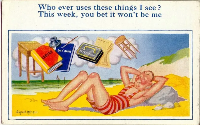 Framed Print : Comic postcard, Man asleep on the beach Framed Print : Comic postcard, Man asleep on the beach
