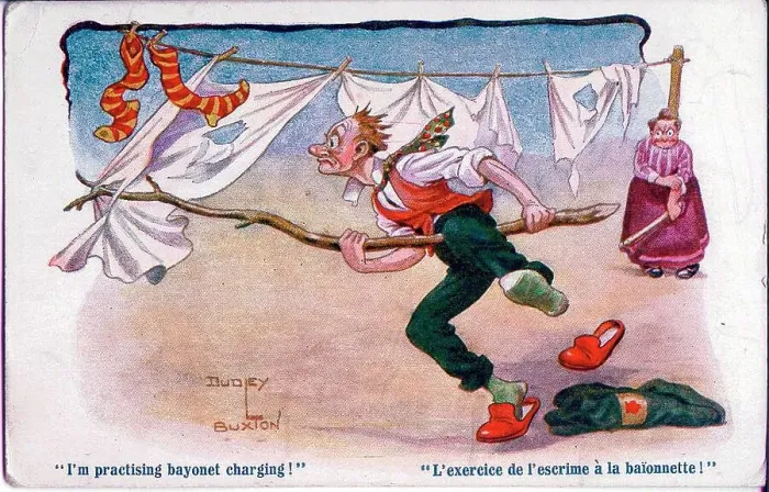 Framed Print : Comic postcard, Man attacking washing line - I'm practising bayonet charging! A Derby Scheme armband on his jacket shows that he is signed up and ready for active service. Date: circa 1915 Framed Print : Comic postcard, Man attacking washing line - I'm practising bayonet charging! A Derby Scheme armband on his jacket shows that he is signed up and ready for active service. Date: circa 1915