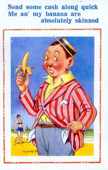 Framed Print : Comic postcard, Man with banana at the seaside Framed Print : Comic postcard, Man with banana at the seaside