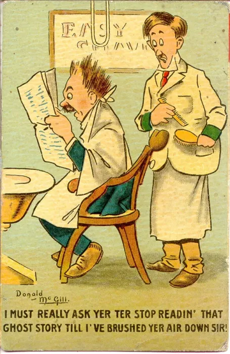 Framed Print : Comic postcard, Man at the barbers Date: 20th century Framed Print : Comic postcard, Man at the barbers Date: 20th century