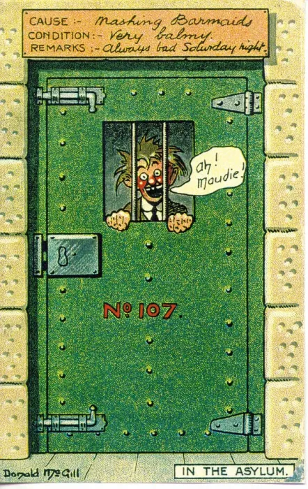 Framed Print : Comic postcard, Man behind bars. In the Asylum - mashing barmaids. Date: 20th century Framed Print : Comic postcard, Man behind bars. In the Asylum - mashing barmaids. Date: 20th century