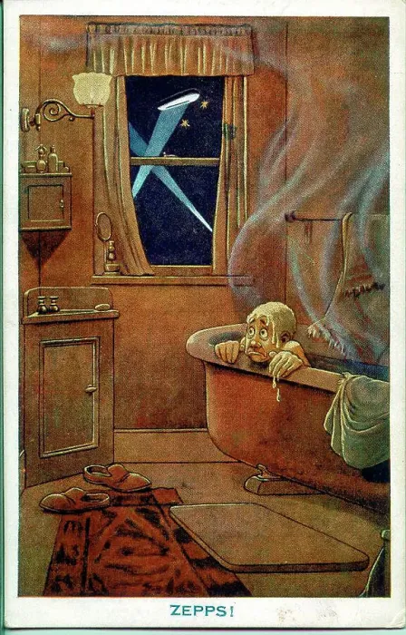 Framed Print : Comic postcard, Man in the bath during an air raid - Zepps! Date: 1914-1918 Framed Print : Comic postcard, Man in the bath during an air raid - Zepps! Date: 1914-1918