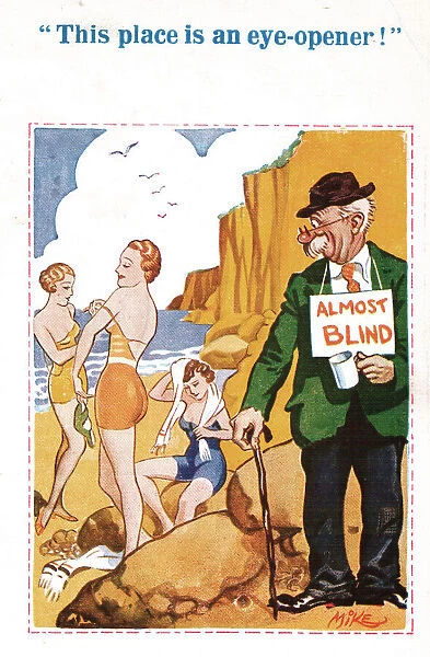 Comic postcard, Man on the beach, almost blind. Available as Photo Prints,  Wall Art and other products #23426772