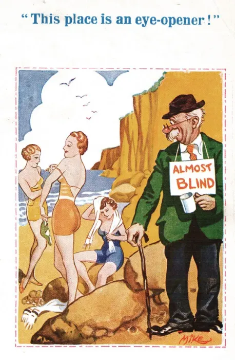 Framed Print : Comic postcard, Man on the beach, almost blind! Date: 20th century Framed Print : Comic postcard, Man on the beach, almost blind! Date: 20th century