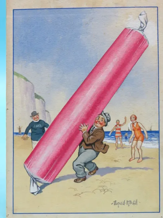 Framed Print : Comic postcard, Man on the beach with stick of rock Framed Print : Comic postcard, Man on the beach with stick of rock