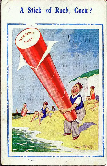 : Comic postcard, Man on the beach with a stick of rock Date: 20th century : Comic postcard, Man on the beach with a stick of rock Date: 20th century