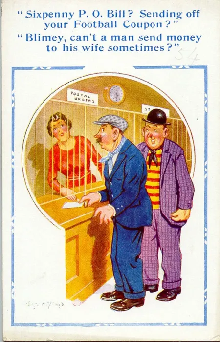 Framed Print : Comic postcard, Man buying sixpenny postal order in the Post Office Date Framed Print : Comic postcard, Man buying sixpenny postal order in the Post Office Date