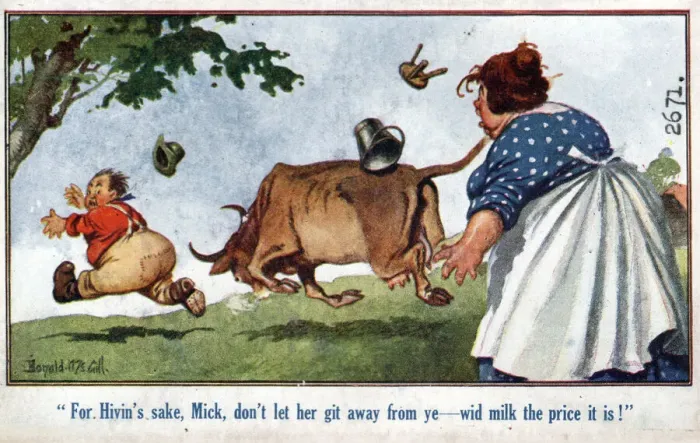 Framed Print : Comic postcard, Man chased by cow Date: circa 1918 Framed Print : Comic postcard, Man chased by cow Date: circa 1918