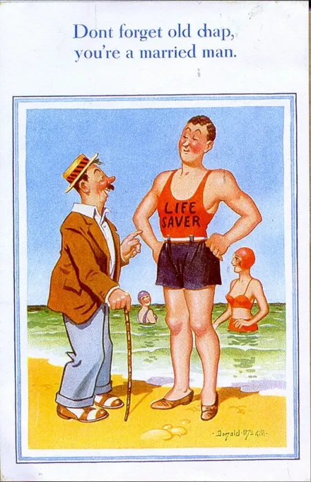 Framed Print : Comic postcard, Man chats with lifeguard on the beach Date: 20th century Framed Print : Comic postcard, Man chats with lifeguard on the beach Date: 20th century