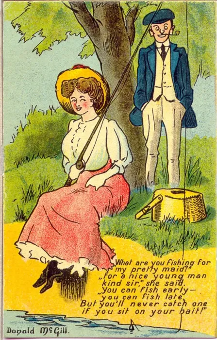 Framed Print : Comic postcard, Man chats with woman fishing Date: 20th century Framed Print : Comic postcard, Man chats with woman fishing Date: 20th century
