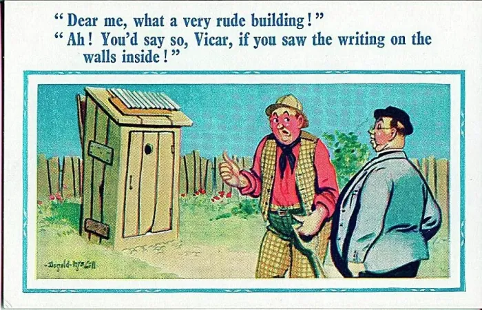: Comic postcard, Man comments to vicar on outdoor toilet : Comic postcard, Man comments to vicar on outdoor toilet