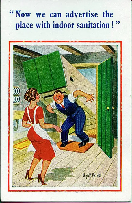 : Comic postcard, Man delivers indoor toilet Date: 20th century : Comic postcard, Man delivers indoor toilet Date: 20th century