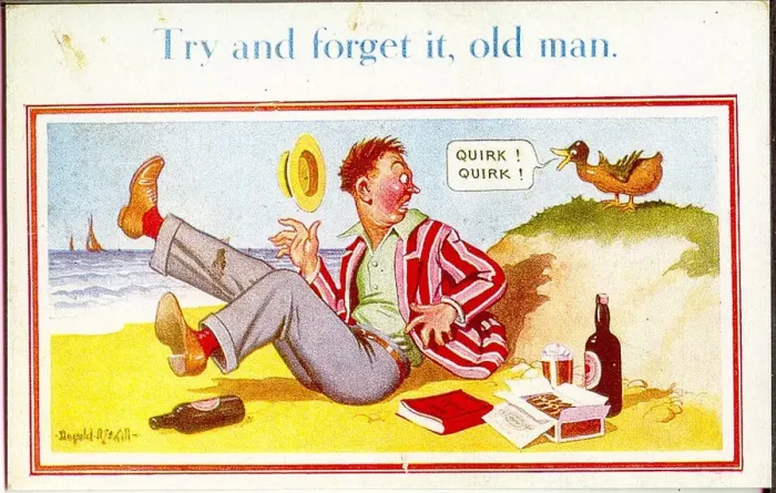Framed Print : Comic postcard, Man disturbed by duck on the beach - trying to forget about work Date Framed Print : Comic postcard, Man disturbed by duck on the beach - trying to forget about work Date