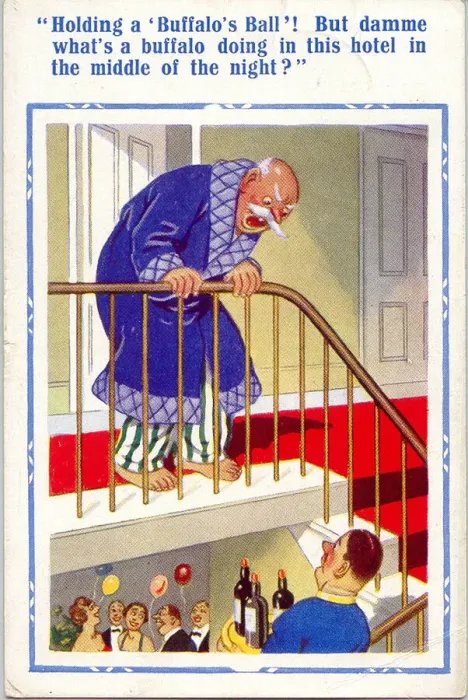 Framed Print : Comic postcard, Man disturbed by late night party in hotel Date: 20th century Framed Print : Comic postcard, Man disturbed by late night party in hotel Date: 20th century