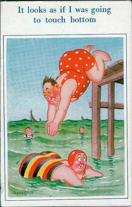 Framed Print : Comic postcard, Man diving into the sea near plump woman. Date: 20th century Framed Print : Comic postcard, Man diving into the sea near plump woman. Date: 20th century