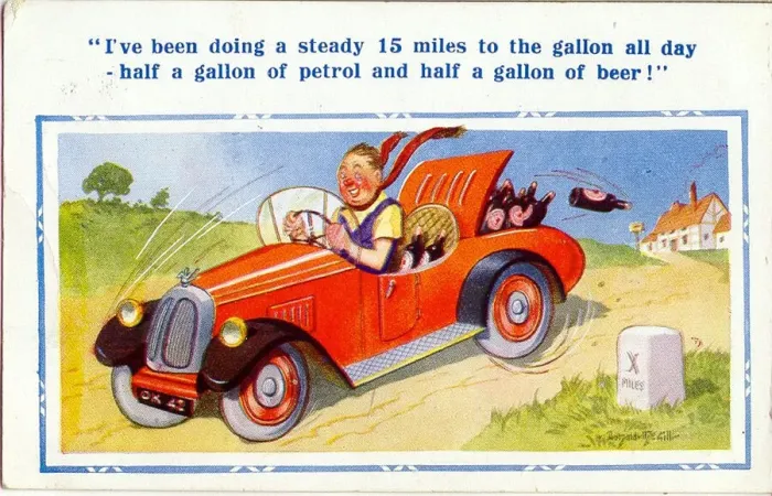 Framed Print : Comic postcard, Man driving a car with beer bottles Date: 20th century Framed Print : Comic postcard, Man driving a car with beer bottles Date: 20th century