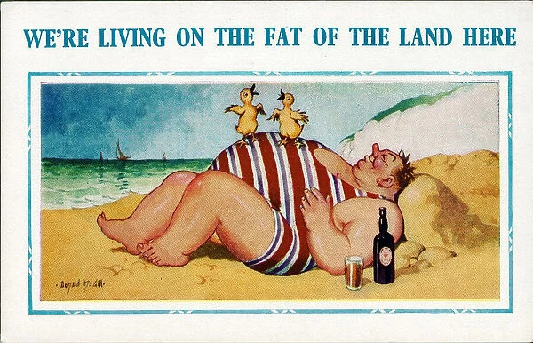 Comic postcard, Man with ducklings on the beach Date: 20th century