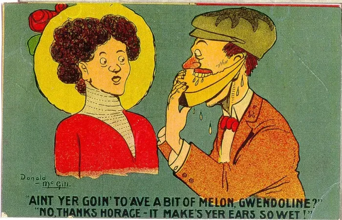 Framed Print : Comic postcard, Man eating slice of melon Date: 20th century Framed Print : Comic postcard, Man eating slice of melon Date: 20th century