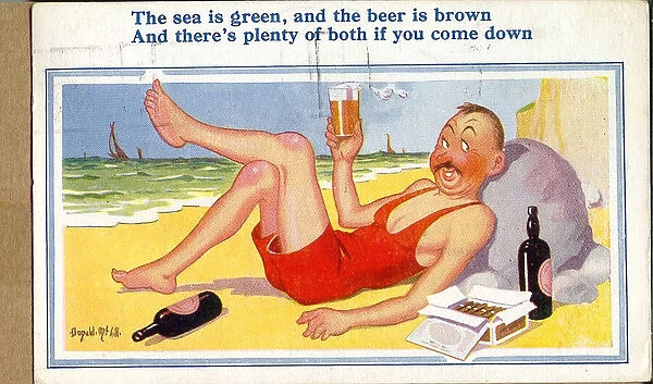 Comic postcard, Man enjoying a glass of beer on the beach Date: 20th century