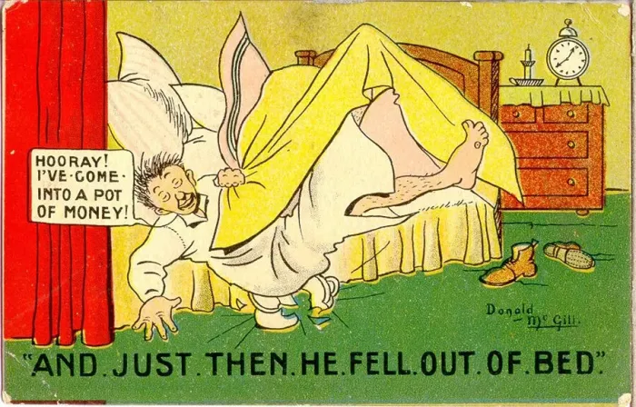 Framed Print : Comic postcard, Man falls out of bed onto chamber pot Date: 20th century Framed Print : Comic postcard, Man falls out of bed onto chamber pot Date: 20th century