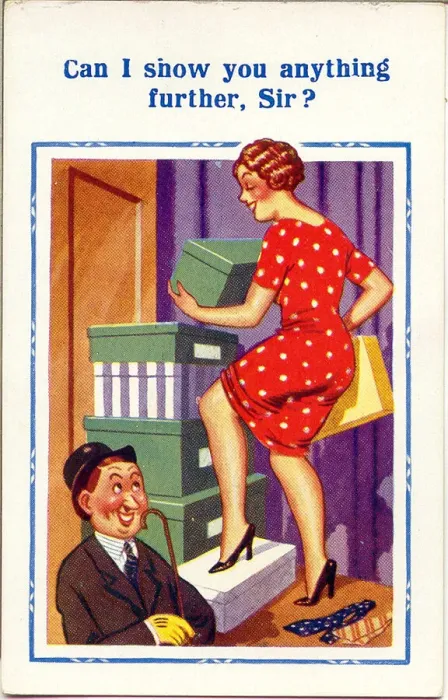 Framed Print : Comic postcard, Man with female shop assistant Date: 20th century Framed Print : Comic postcard, Man with female shop assistant Date: 20th century