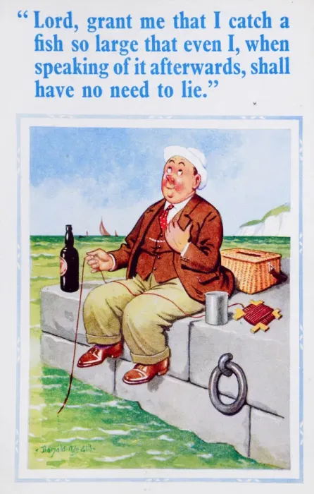 Framed Print : Comic postcard, Man fishing and praying at the seaside Framed Print : Comic postcard, Man fishing and praying at the seaside