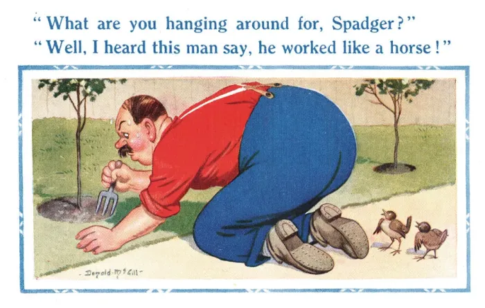 Framed Print : Comic postcard, man gardening, two sparrows Date: 20th century Framed Print : Comic postcard, man gardening, two sparrows Date: 20th century