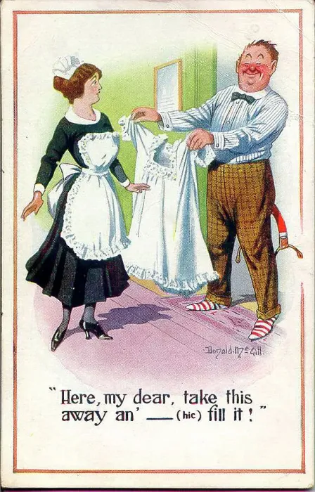 Framed Print : Comic postcard, Man gives order to maid Date: 20th century Framed Print : Comic postcard, Man gives order to maid Date: 20th century