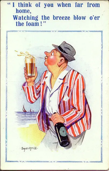 Framed Print : Comic postcard, Man with glass of beer at the seaside Date: 20th century Framed Print : Comic postcard, Man with glass of beer at the seaside Date: 20th century