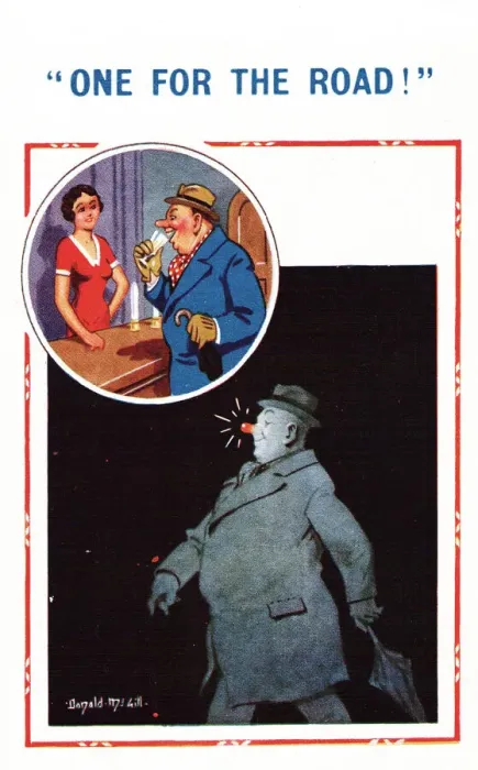 Framed Print : Comic postcard, man with a glowing nose in the blackout, WW2 - One For the Road Framed Print : Comic postcard, man with a glowing nose in the blackout, WW2 - One For the Road