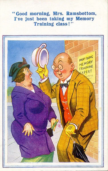 Comic postcard, Man greets woman in the street - memory training Date: 20th century