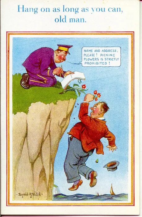 Framed Print : Comic postcard, Man hanging off the edge of a cliff Date: 20th century Framed Print : Comic postcard, Man hanging off the edge of a cliff Date: 20th century