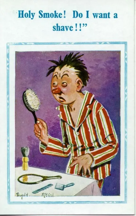 Framed Print : Comic postcard, Man with hangover mistakes his hairbrush for a mirror Date Framed Print : Comic postcard, Man with hangover mistakes his hairbrush for a mirror Date