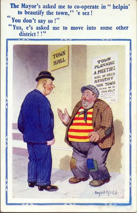 Framed Print : Comic postcard, Man to help with town planning Date: 20th century Framed Print : Comic postcard, Man to help with town planning Date: 20th century