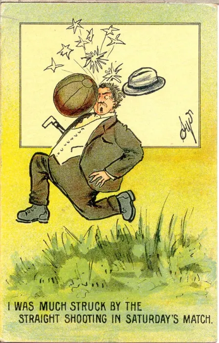 Framed Print : Comic postcard, Man hit by football Date: early 20th century Framed Print : Comic postcard, Man hit by football Date: early 20th century