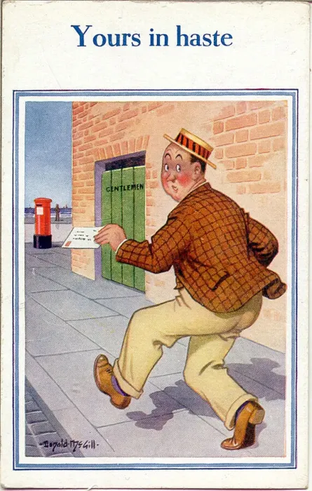 Framed Print : Comic postcard, Man in hurry to post a letter Framed Print : Comic postcard, Man in hurry to post a letter