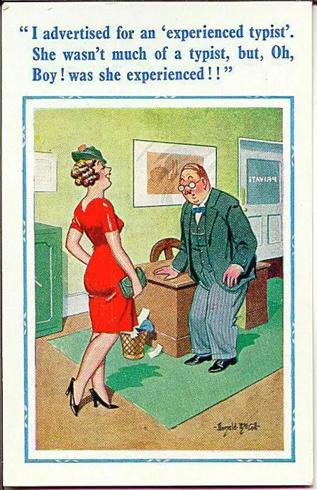 : Comic postcard, Man interviews woman in office : Comic postcard, Man interviews woman in office