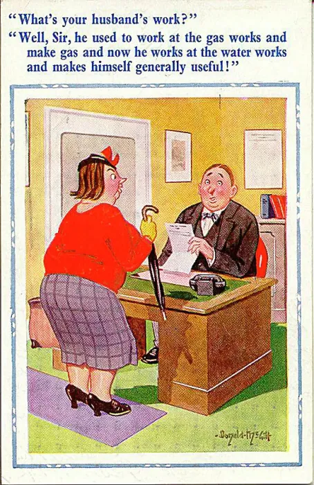 : Comic postcard, Man interviews woman in office Date: 20th century : Comic postcard, Man interviews woman in office Date: 20th century