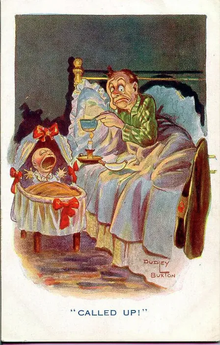 Framed Print : Comic postcard, Man kept awake by crying baby - Called up! A Derby Scheme armband on his jacket shows that he is signed up and ready for active service. Date: circa 1915 Framed Print : Comic postcard, Man kept awake by crying baby - Called up! A Derby Scheme armband on his jacket shows that he is signed up and ready for active service. Date: circa 1915