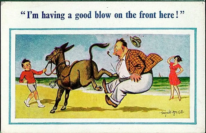 : Comic postcard, Man kicked by donkey on beach Date: 20th century : Comic postcard, Man kicked by donkey on beach Date: 20th century