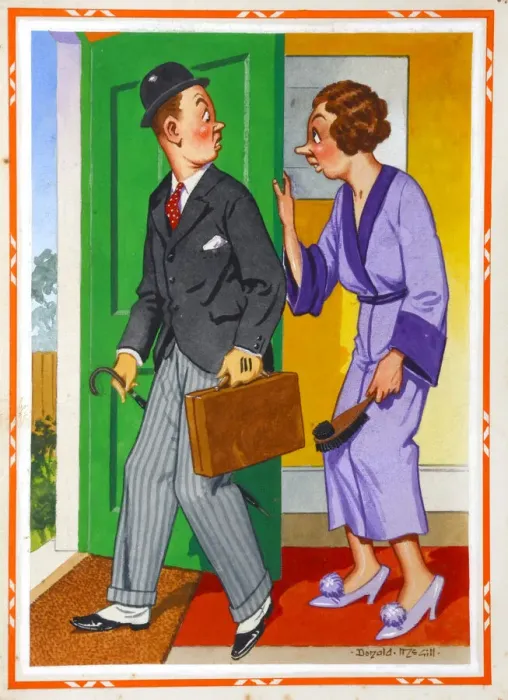 Framed Print : Comic postcard, Man leaving for work in the morning - I see the man next door kisses his Framed Print : Comic postcard, Man leaving for work in the morning - I see the man next door kisses his